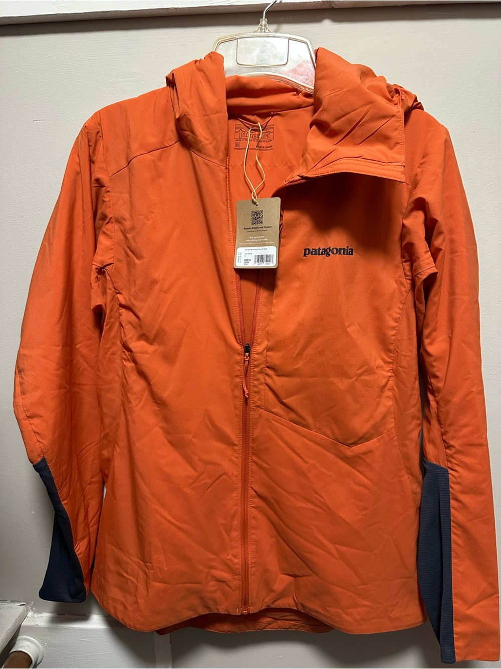 Patagonia Men’s Orange Hooded Performance Jacket with Navy Accents
